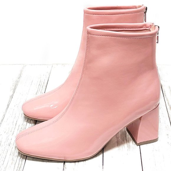New Women Pink Patent Square Toe Ankle Boots Booties - Picture 3 of 5